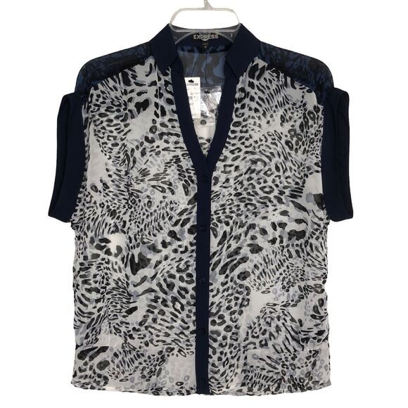 Express NWT Wms XS Sheer Black White Animal Print Button Up Blouse Casual Office - Picture 1 of 10